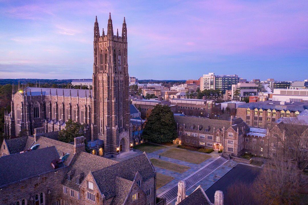 Aerial view of Duke Chapel at sunset
